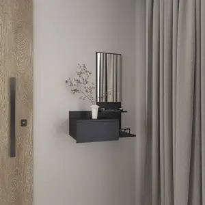 Vienna 23.6" Wide 3-Tier Shelf Floating Mirror Console Table Full Extension Drawer Black