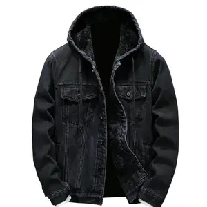 Men’s fleece-lined denim hoodie jacket — winter warm cowboy jean jacket, casual button-down style, thickened trucker coats/sweatshirts, menswear