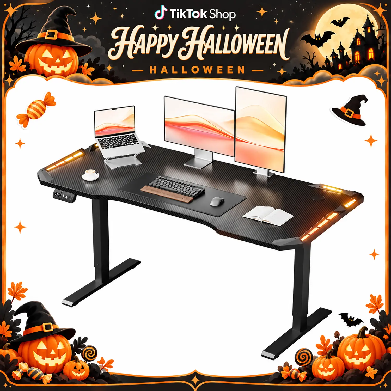 Ecofurnix Electric Standing Workstation Computer Desk - 160x60 cm Carbon Fiber Coated Sturdy Functional Table, Gaming Desks with 3-Memory Smart Panel, RGB Strips, 80 kg Load Capacity for Home Office Black
