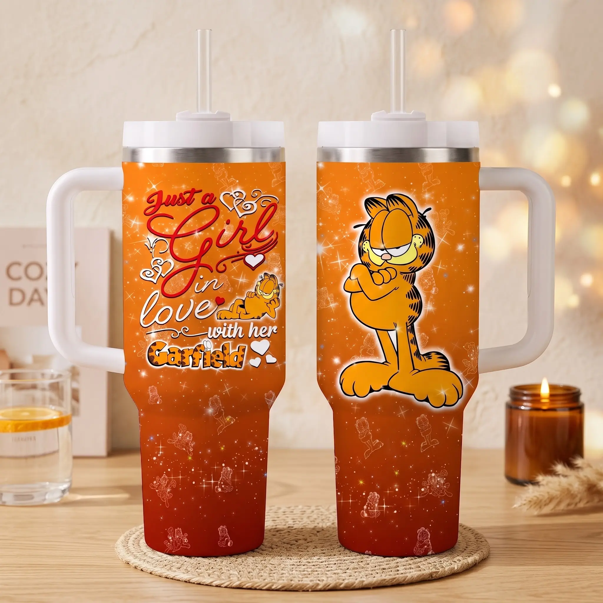 Cute Garfield Cartoon 40oz Insulated Tumbler With Handle, Orange Cat Travel Water Mug, Just a Girl in Love' Cup