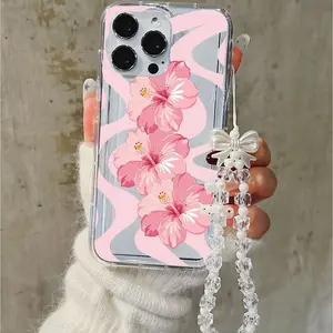 Pink Hibiscus Wavy Phone Case with Beaded Bow Strap Shockproof Wear-resistant Cover for iPhone11-17promax IPhone11/12/13/14/15/ Promax16/16Promax/16pro/16plus