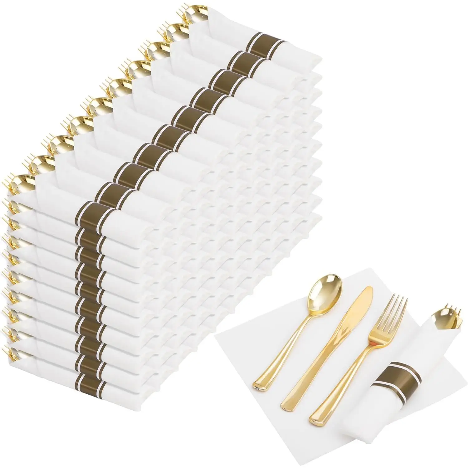 400 count Pre Rolled  Plastic Silverware Sets - Heavy Duty  Cutlery - Include 100 Pack Wrapped Disposable Utensils with Napkins for Parties, Dinners & Weddings