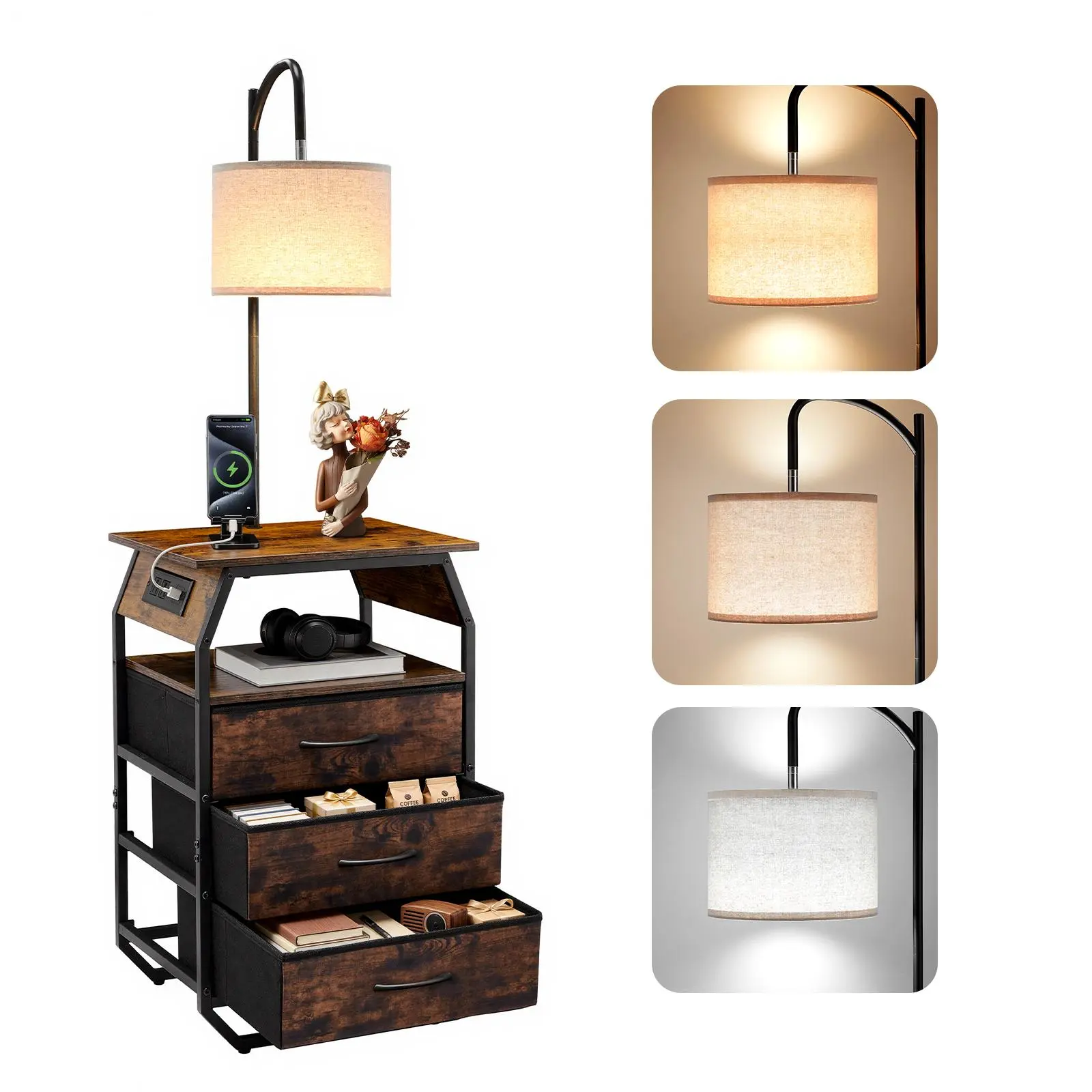 【SummerFinds】VEVOR Floor Lamp with Table, 2-Tier End Table with 3 Drawers and 3 Color Temperature Lighting, Modern Side Nightstand Bedside Desk with USB & Type C & AC Charging Port for Living Room, Bedroom, Dorm