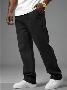 Men's Drawstring Elastic Natural Waist Loose Fit Denim Jeans with Pocket, High-End Washed Vintage Style, Comfortable Straight Leg Pants for Casual Wear