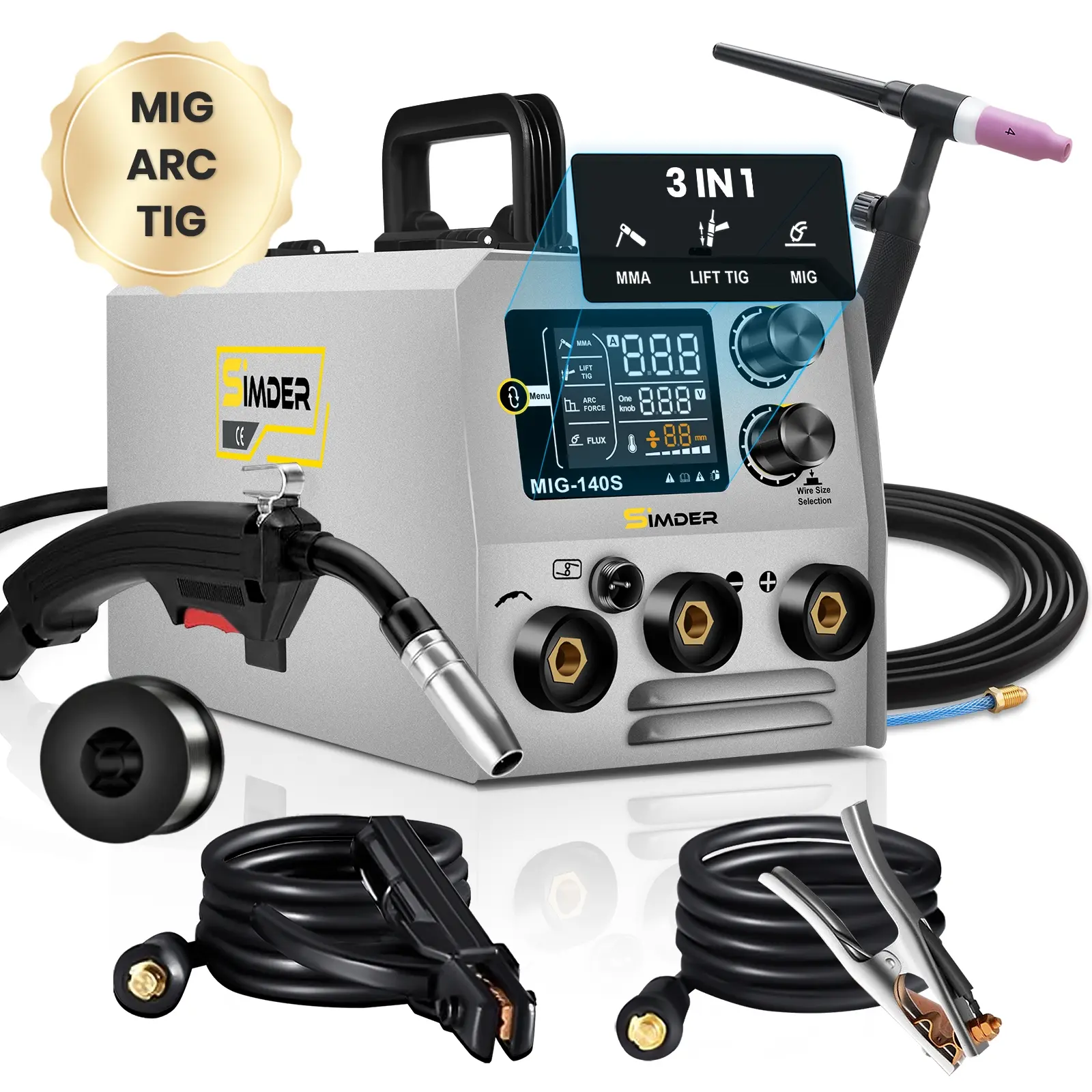 S SIMDER 3-in-1 MIG Welder 140A, 110v Smart Synergic MIG Machine with Flux Core MIG, Lift TIG & Stick Welding, IGBT Inverter Welder for DIY & Auto Repair