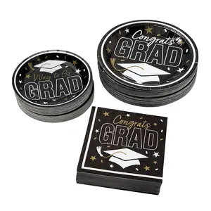 Bulk 150 Ct.  Black Congrats Grad Graduation Party Disposable Tableware Kit for 50 Guests