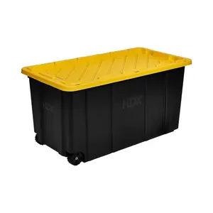 Heavy-Duty 77-Gallon Rolling Storage Tote – Black Bin with Yellow Lid for Tools, Equipment & Long-Term Organization