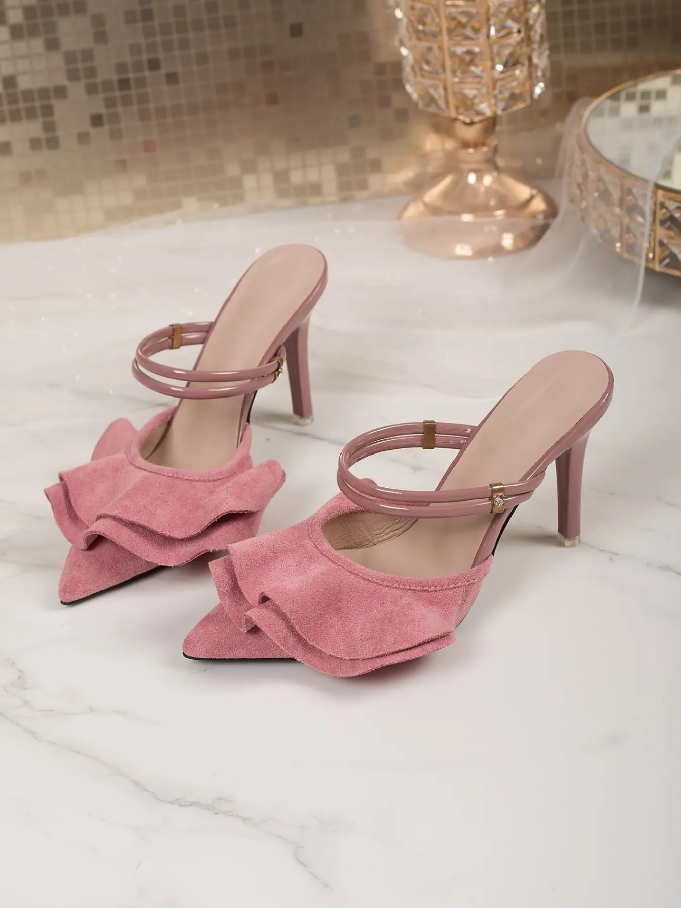 Summer New Fashion French Korean Style Sweet Girl Ruffle Pointed Toe High Heel Sandals, Versatile Two-Way Tie-On Wedge Shoes for Dates