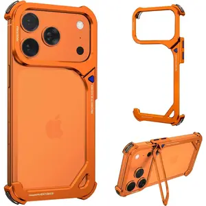 9 Shape for iPhone 17 Pro Max Bumper Case with Stand,Aluminum Thin Slim Cases Compatible with MagSafe,Metal Frameless 4 Corner Airbags Shockproof Protective for iPhone 17 Promax(Cosmic Orange)
