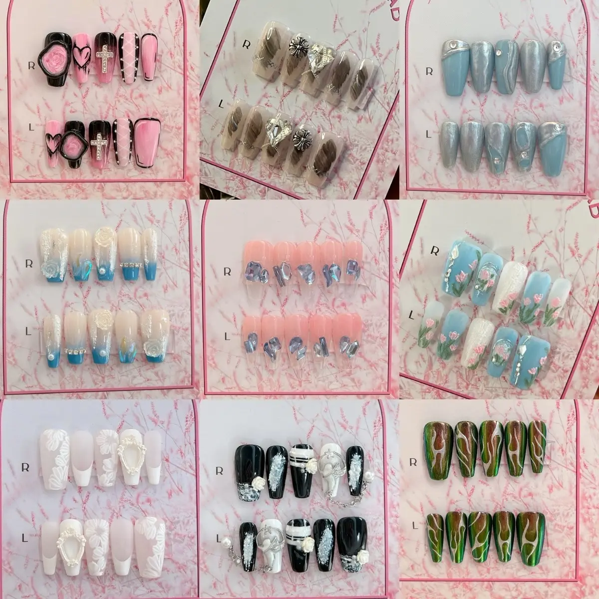 TheNailLab Coffin Long Press on Nails 10pcs Black Chrome Glossy 3D Acrylic with Rhinestones Salon Quality Reusable Nail Polish Set