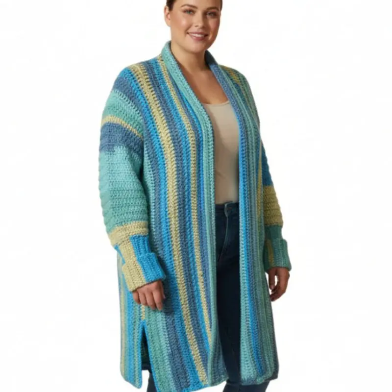Women's Handmade Crochet Cardigan - Long Sleeve, Casual, Plus Size, Extra Long Baggy Loose Longline Open-Front Wrap, Multicolored Stitch Knitwear, Cold Wash Friendly Fashion Top, All Seasons, Loose-Fitting