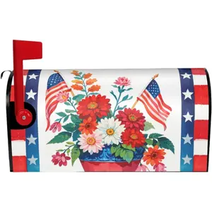 Patriotic 4th of July Magnetic Mailbox Cover 25.1"L x 21"W, USA Red Blue Floral Large Size Letter Box Wrap Decor for Independence Day Garden Yard Outdoor Decoration
