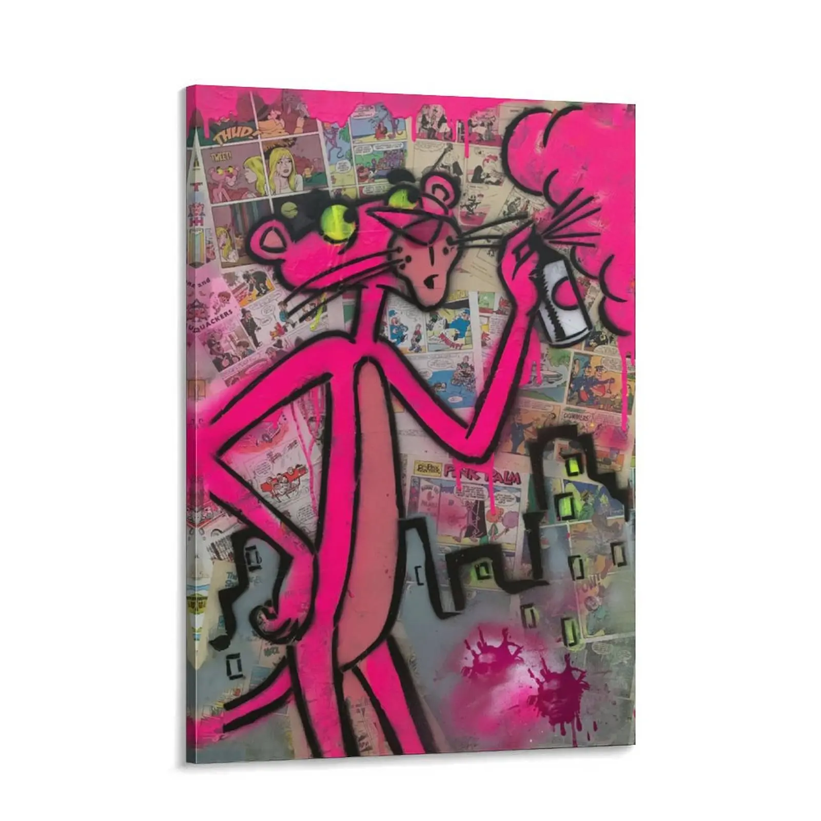 Graffiti Pink Panther Canvas Print - Colorful Artistic Graphic Print Design, Street Mural Style Wall Art, Decor Inspo for Indoors Living Room Home Decor, Funny Decor
