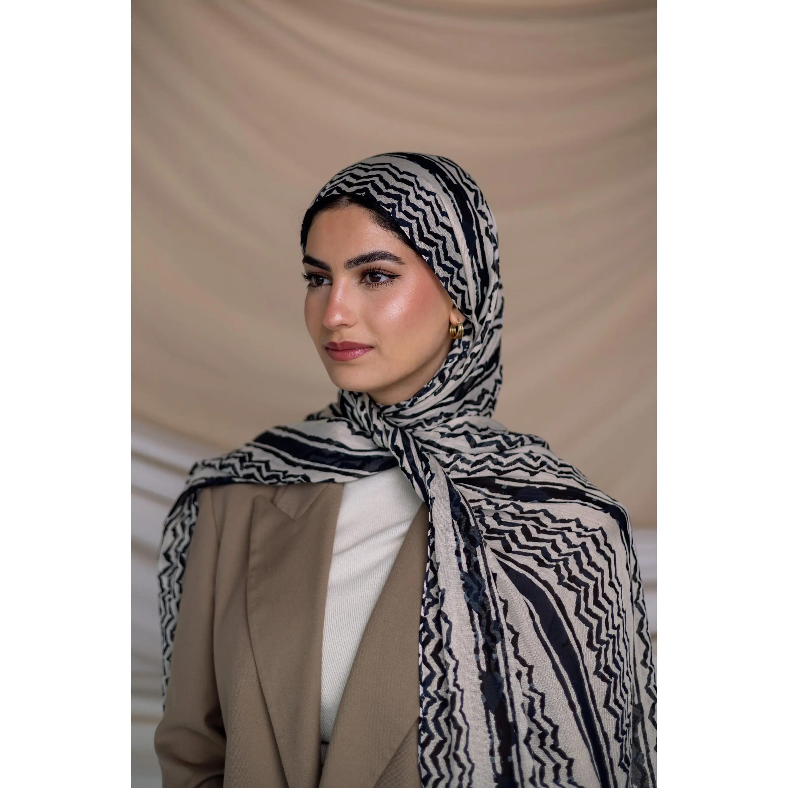 VELA Hatta Black Print Modal Hijab for Women, Soft Watercolor Head Scarf with a Timeless Heritage Design