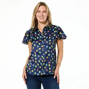 G by Giuliana Woven Flounce-Sleeve Novelty Button-Up Blouse