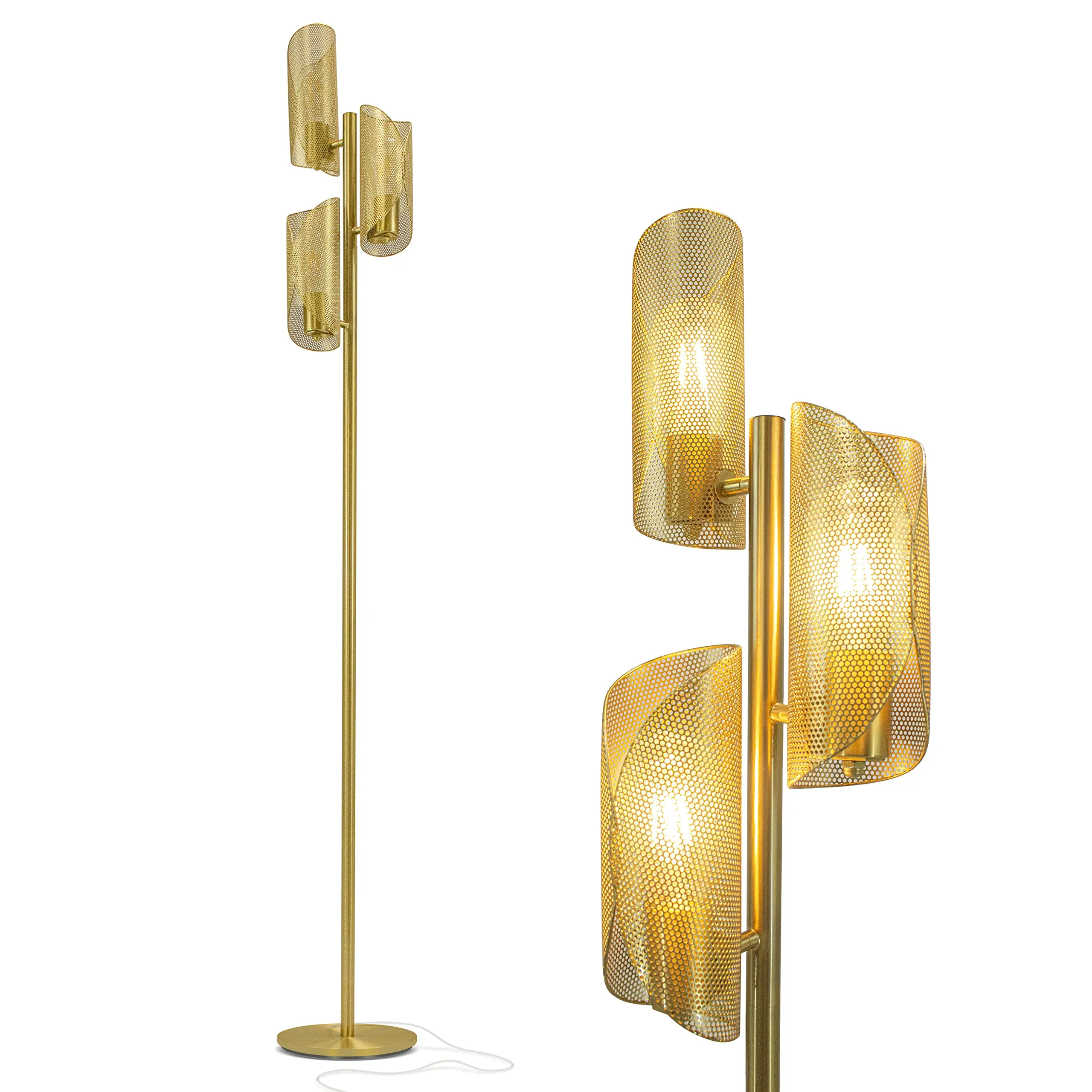 Brightech Lyra LED Tree Floor Lamp for Mid-Century Modern, Contemporary, Industrial Décor, 3 Light Head Standing Lamp with Metal Cage Shade, Standing Pole Tall Lamp for Living Room, Bedroom - Brass