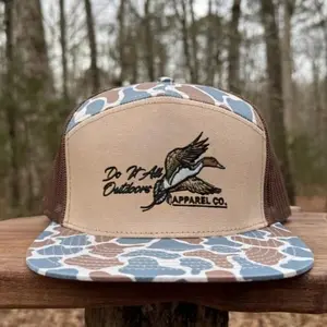 Turkey Feather Embroidered Old School Trucker Hats – 7 Panel Style in Bottomland Camo, Black, White, Brown, Embroidered Camouflage Snapback Outdoorsman Gift For Working Men Hat