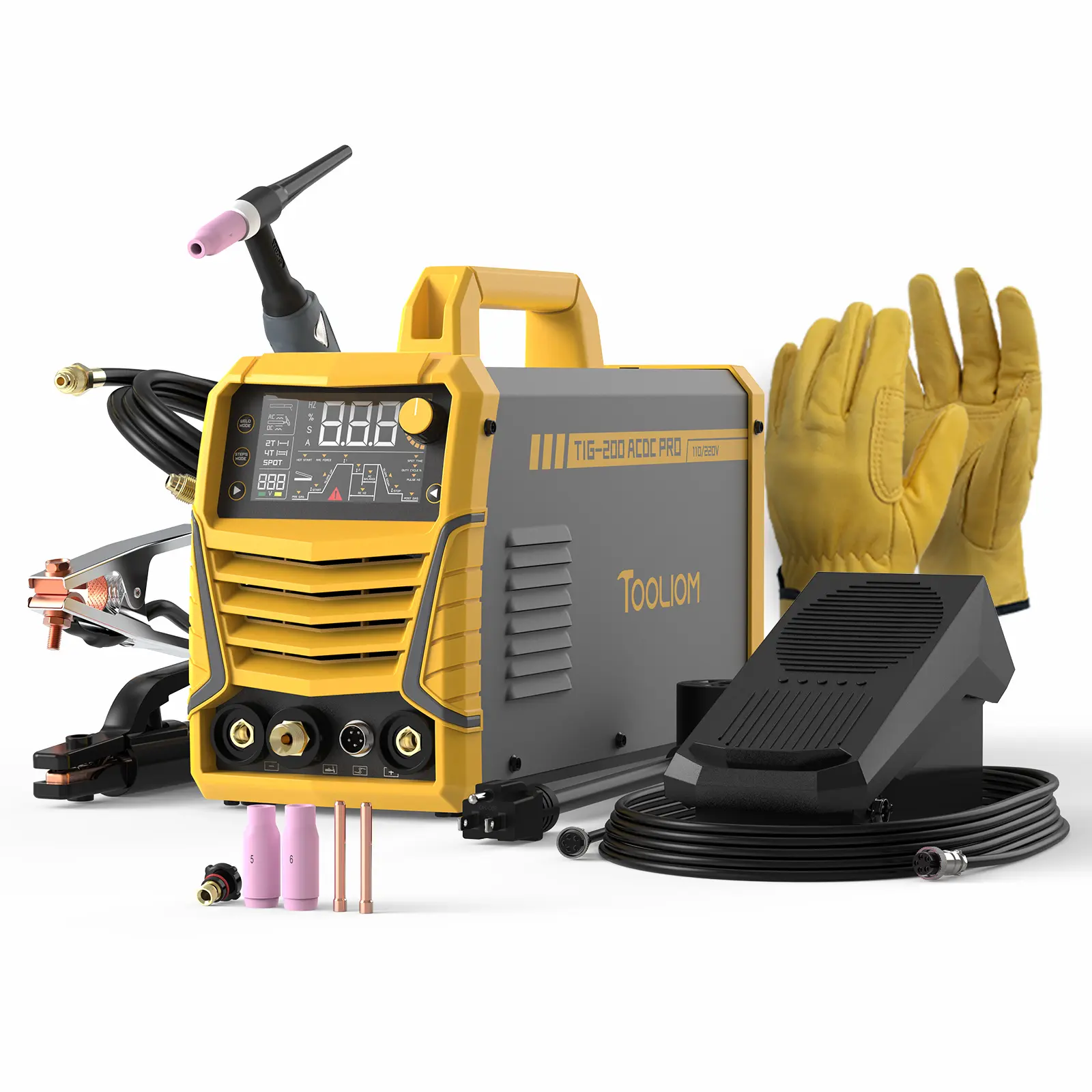 TOOLIOM TIG-200 ACDC PRO Pulse TIG Welder Value Pack - 200A 110/220V 6-In-1 AC/DC TIG Welding Machine for Aluminum Welding, 5-Pin Foot Pedal Included for Remote Amperage Control