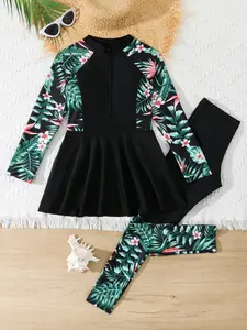 Plant Print Long Sleeve Dress, Two-Piece Swimsuit Set, Girls' Sports Swimwear, Beach Sportswear, Suitable for Kids Ages 6-8, Swimwear Sets
