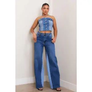 High-Rise Color Block Wide Jeans