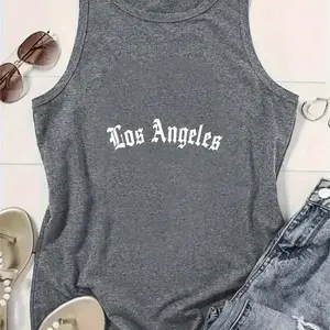 Los Angeles Gothic Font Tank Top Rayon Polyester Spandex Blend, Women's LA City Graphic Vest, Y2K Retro Casual Top