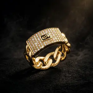 14K Gold Plated Iced Out Cuban Link Ring – Frost Ice Shine Hip Hop Zircon Cuban Chain Ring for Men & Women | Luxury Streetwear Bling Jewelry Gift Box
