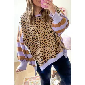 Purple Stripe Color Block Patchwork Leopard Casual Sweatshirt with Slits