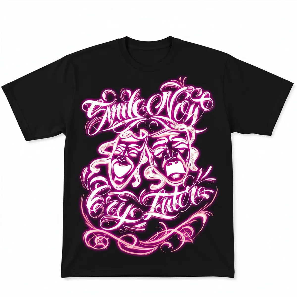 Men's Classic Oversized Cotton Round Neck Shortsleeve Tshirt - Casual Smooth Airbrushed Blush Pink Smile Now Cry Later Tattoo Graphic, Chicano Art Lowrider Front & Back Print Menswear Top
