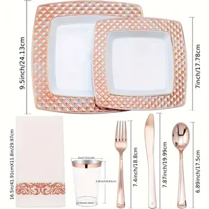 175 Piece Rose Gold Disposable Dinnerware Set for Party-50 Square Rose Gold Plastic Plates disposable-25 Rose Gold Plastic Silverware-25 Rose Gold Plastic Cups-25 Rose Gold Napkins for