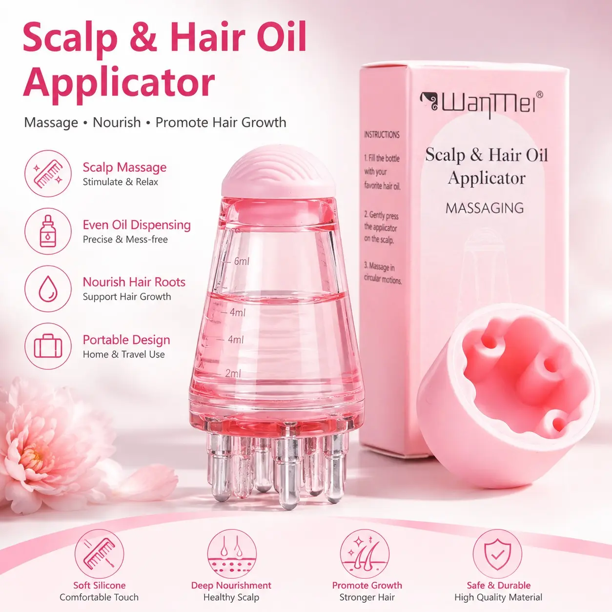 6ml/0.2oz 2-in-1 Hair Oil Dispenser & Scalp Massage Comb, Silicone Bristle Applicator for Root Nourishment, Essential Oil & Hair Growth Treatment Tool for Scalp Care, Anti-Leak Refillable Hair Serum Applicator for Women & Men, Hair care solution
