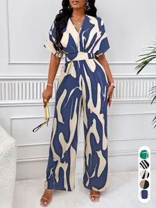 Summer Geometric Print Women's Jumpsuit Womenswear, V Neck Short Sleeve Slim Fit High Waist Long Pants, Casual Chic for Daily Wear, Beach Vacation