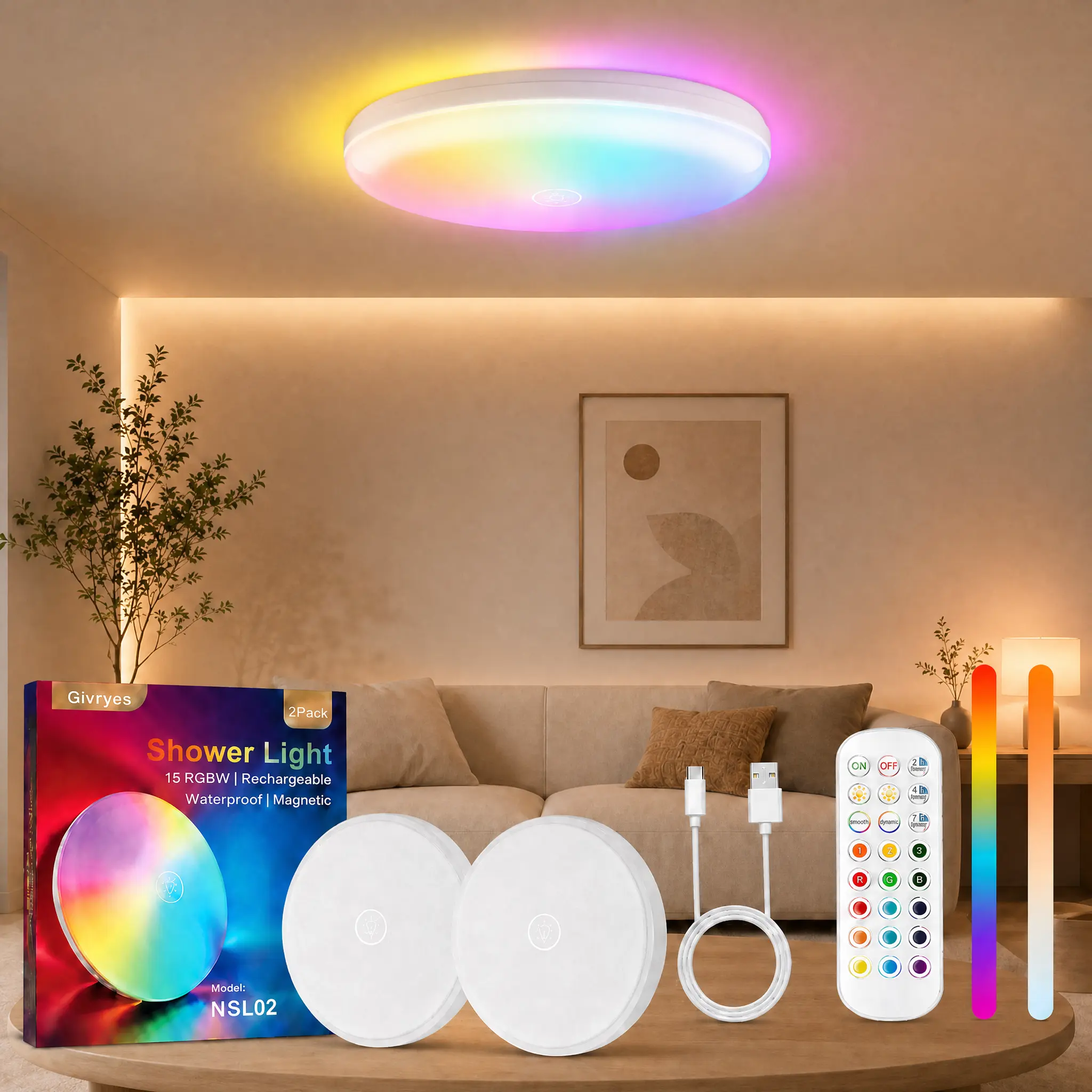 Givryes RGB Magnetic Rechargeable Ceiling Light 2-Pack, IP66 Waterproof Wireless Battery-Operated LED Ceiling Lights with Remote Control for Shower, Bathroom, Closet, Pantry, Shed, Hallway, Porch, Garage