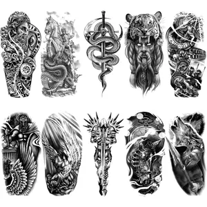 Warrior Temporary Tattoos for Men Half Arm Sleeve, Realistic Large 3D Poseidon God Snake Fake Tattoo Sticker Adult Boy Forearm, Black Roman Warrior Tiger Wolf Temp Tatoo Shoulder Body Art, 10-Sheet