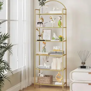 6-Tier Gold Glass Bookshelf with Tempered Glass Shelves, Slim Bookcase with Steel Frame for Bedroom, Bathroom, or Home Office