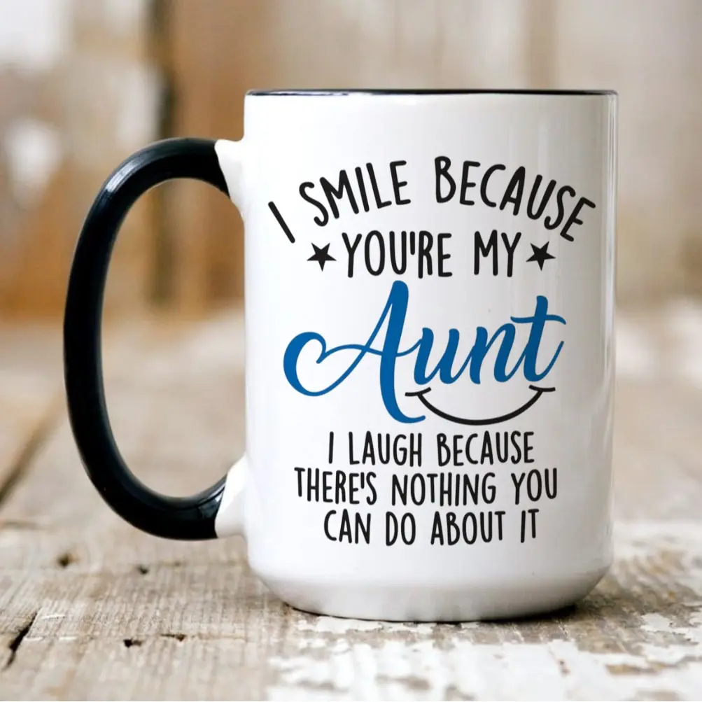 I Smile Because You're My Aunt Coffee Mug, Funny Christmas Aunt Gifts From Niece Nephew, Cool Birthday Presents Coffee Mugs For Aunty, Auntie Cup, 11 15oz Ceramic Tea Cup