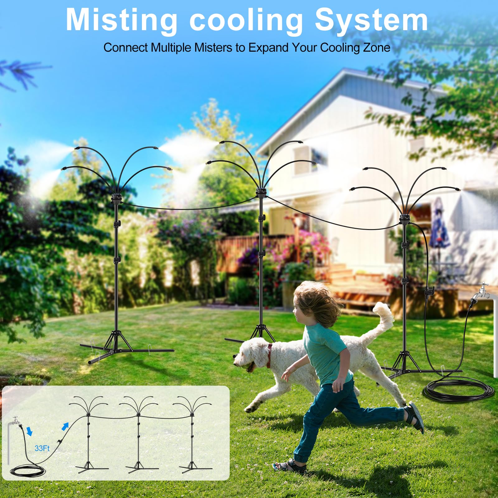 Standing Misters for Outside Patio,Portable Misting System for Cooling Outdoor - 32.8Ft Stand Misting Line with Adjustable Height 5.25 FT Stand Spray for Yard Garden BBQ Party Pool Water Playing Beach Tropical Sprinklers