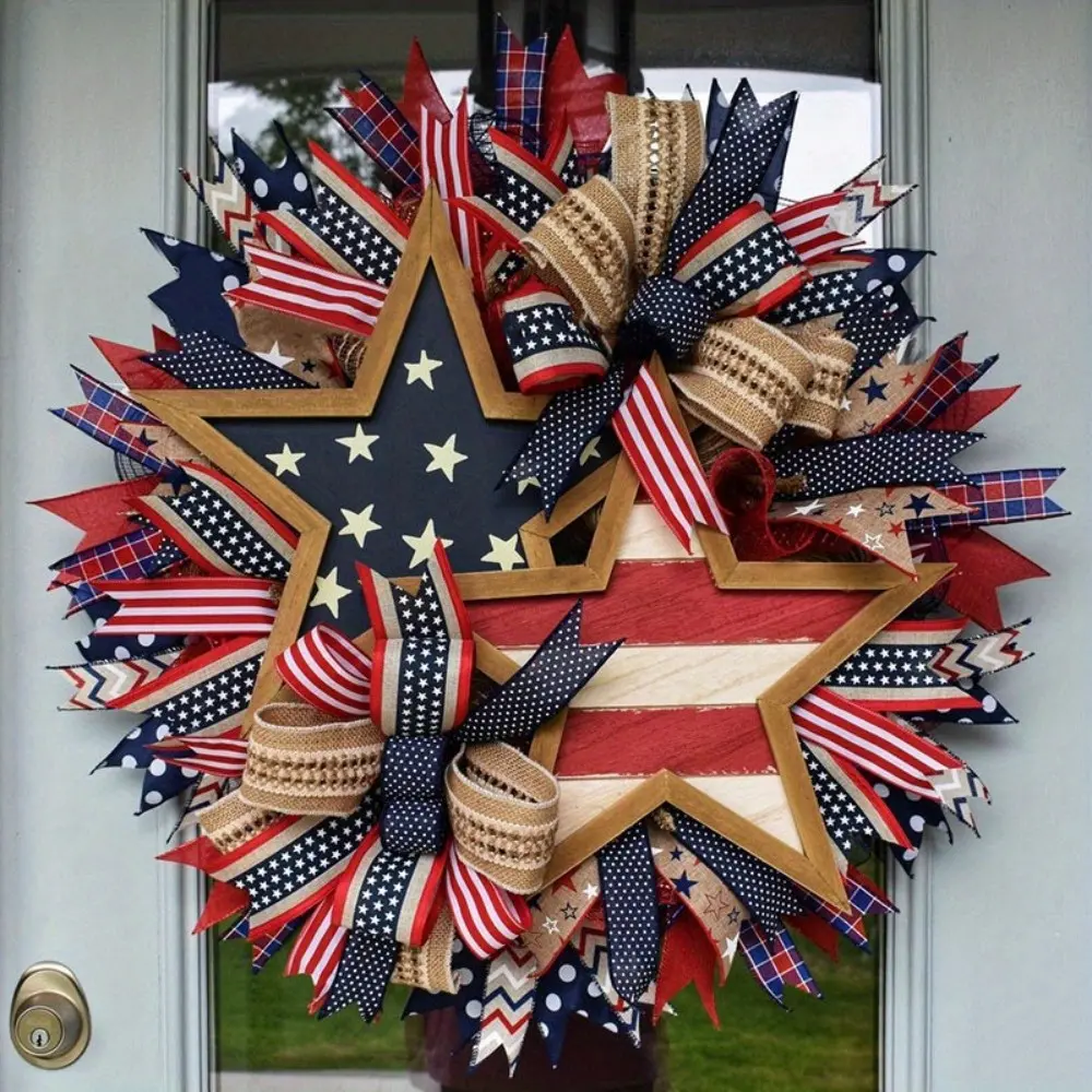 Patriotic Wreath 4th of July Fourth Wreaths, 17.7in Red White and Blue Flag Wreath ，Indoor Outdoor Wall Holiday Home Decor ，Memorial Day Pride Garland ，Independence Swag ，Front Door