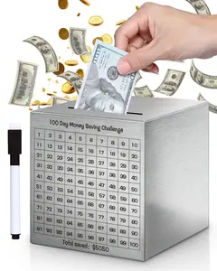 Money Saving Box, Unbreakable Piggy Bank for Adults Save $5,050 Metal Savings Box, 100 Day Money Saving Challenge Stainless Steel Box Must Break to Open (4.72 Inch)