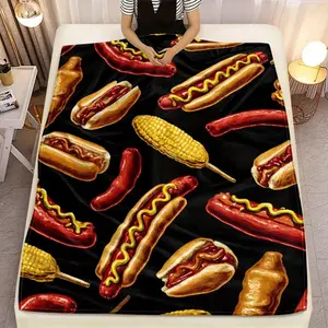 Soft Cozy Black Blanket with Tasty Hot Dogs, Corn & Sausages Print – Fun Food -Themed Throw for Bed & Living Room