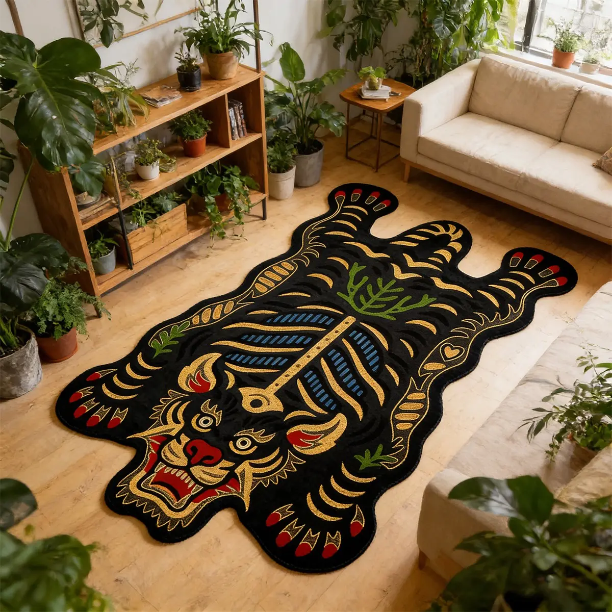 Animal Shape Living Room Rug, Ethnic Tiger Mat, Vintage Bohemian Style Decorative Carpet, Soft Velvet, Comfortable Home Decoration, Home Decor Rugs, Boho Rug, Area Rug