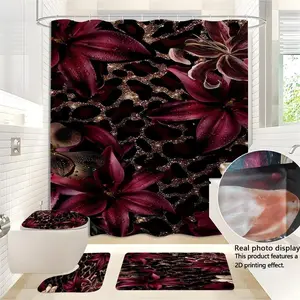 JIT 1/3/4 pcs Bathroom Set - Purple Lily and Golden Leopard Pattern Bathroom Decor Set - Bathtub Cover, Bath Mat, Shower Curtain, 12 Hooks, Suitable for Bathroom Home Decoration
