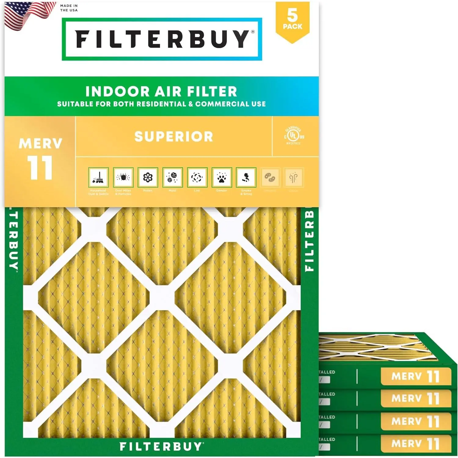 Filterbuy Rectangular Pleated MERV 11 Air Filter (5-Pack, 21x23x1 in Actual Size) - Eco-Friendly, Allergen Trap, Electrostatic Charge HVAC AC Furnace Accessory, Pleated Shape