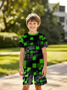 Boys' Pixel Block 3D Short Sleeve Set, Outdoor Casual Slim-Fitting, Birthday Gift, Holiday Present