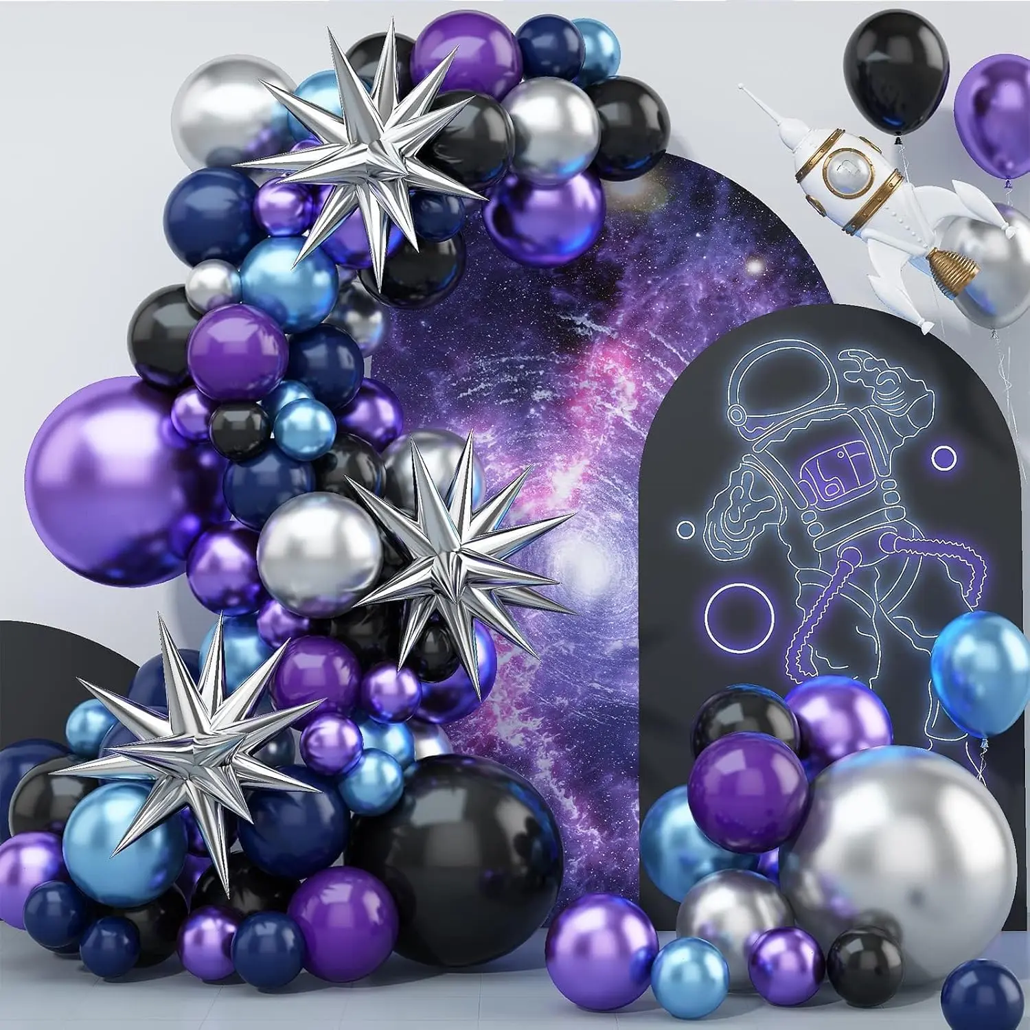 Space Balloon Arch Kit, Space Birthday Decorations Blue Purple Silver Balloon Arch Garland Kit Metallic Chrome Balloons 4D Star For Theme Birthday Party, Baby Shower, Graduation