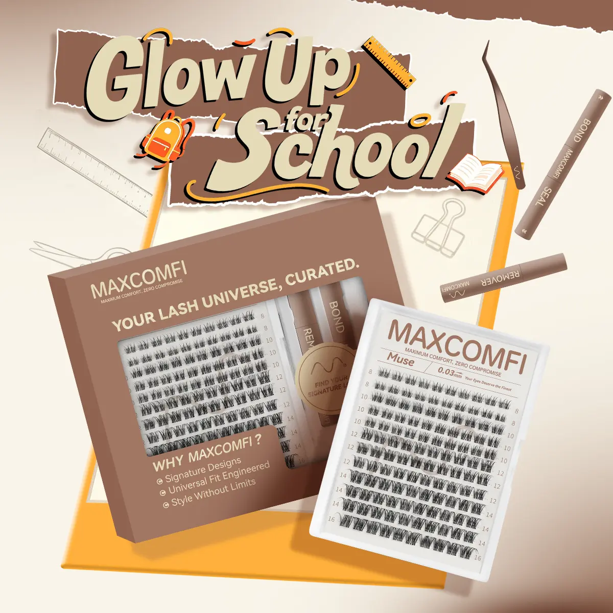 MaxComfi Muse Cosmetic Eyelash Extensions - DIY Eyelash Extensions, Beginner-Friendly Cluster Lashes, Waterproof, Thin Band, Super Soft, Long-Lasting Natural Venus Velure Style for Daily Voluminous Look, Makeup Essential, Eyelashes Extensions,sunscreen