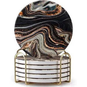 6 count Black and  Marble Coasters with Holder  Round Absorbent Coasters for Drinks, Coffee, , Table Marble Personalized Coaster Sets