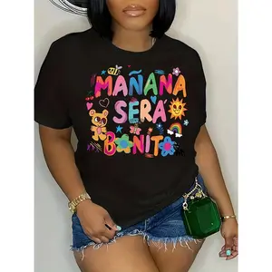 Women's Fitted Graphic Tshirt, Streetwear Casual Cotton Round Neck with "Manana Sera Bonito" Cartoon Print, Seamless Slightly Elastic Knitted Fabric Short Sleeves, Breathable Summer Sports Top for Full-Body Large Sizes