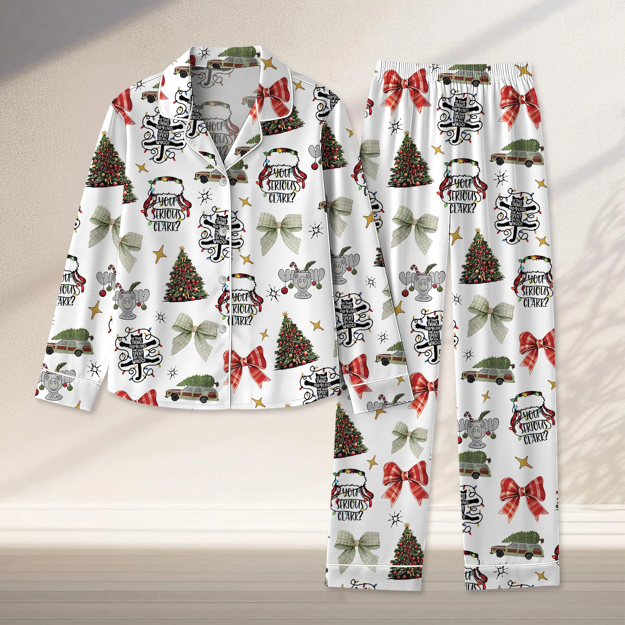 It's A Beaut Clark Christmas Vacation Allover Print Lounge Sleep Pajama Set, Griswold Christmas Griswold Co Set, Christmas Tree Farm White