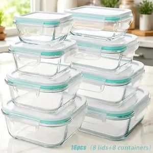 16pcs Glass Food Storage Set with Lids, Microwave & Oven Safe Containers for Salads, Fruits, and Snacks, Durable Clear Glass Kitchen Storage, Includes 8 Lids and 8 Containers