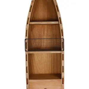Boat Decor with Shelf Drawer Hanging Wood Boat for Wall, Rustic Nautical Standing Boat Bookshelf Decor Beach Theme Display Boat Storage Shelves for Bathroom Bedroom Lake House Decoration Wooden Decorative Gift Hand Hanger Mount